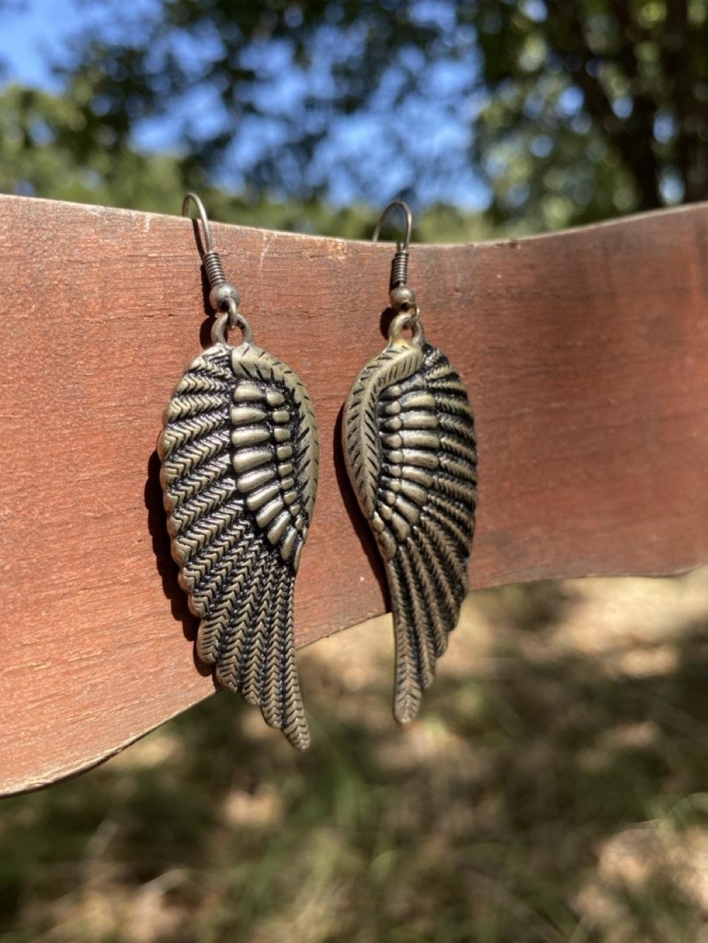 VTG Grunge Goth Antiqued Bronze Angel Wing Dangle Earrings Boho